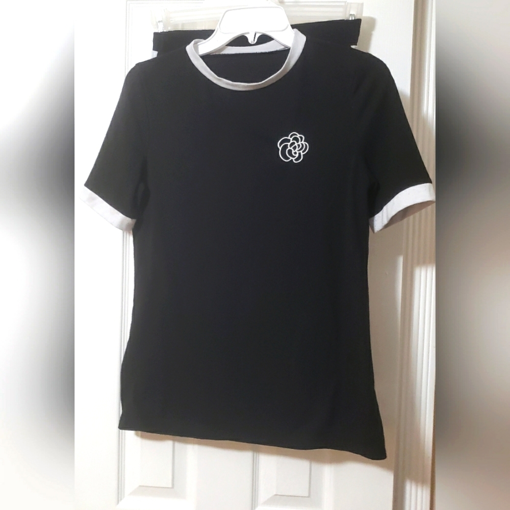 Black and White T-Shirt with Floral Logo